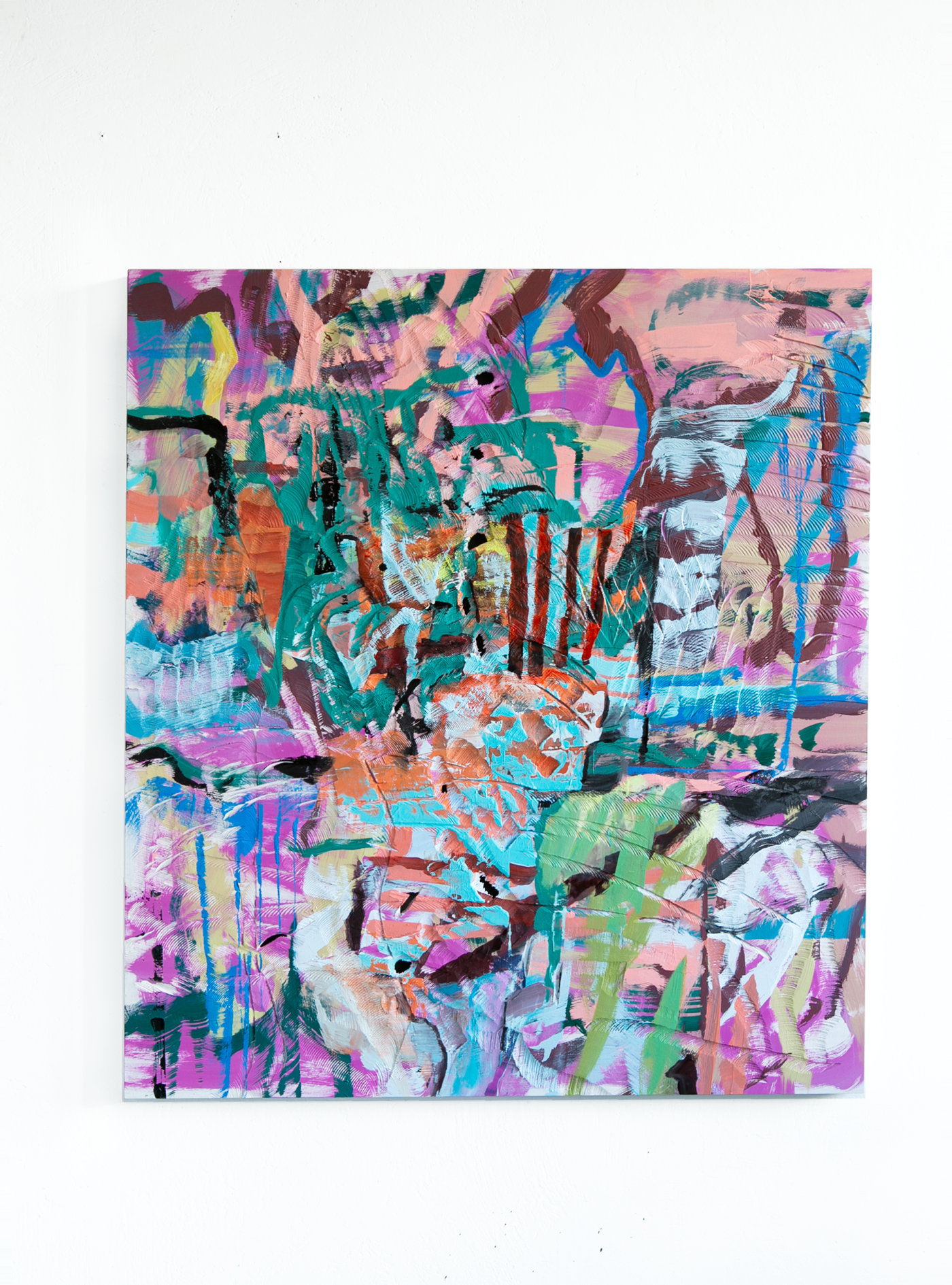 o.T. Ölfarbe, Motorsäge auf Holz, 100 x 90 cm, 2025